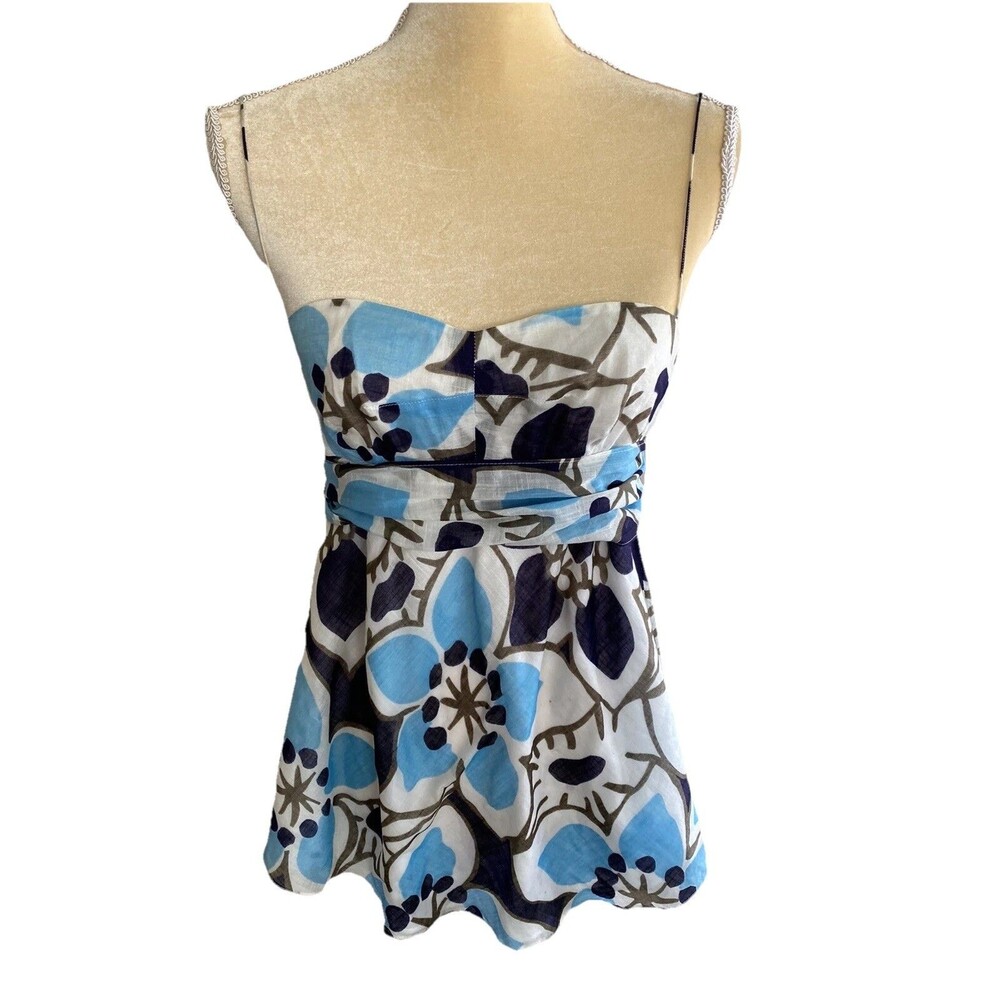 J.Crew Floral Spaghetti Strap Empire Waist Top Size 6 Blue White Cotton Linen